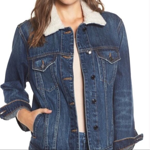NWT Good American Trucker Boyfriend Denim Sherpa Button Down Jacket size 00/ XS - Picture 2 of 16